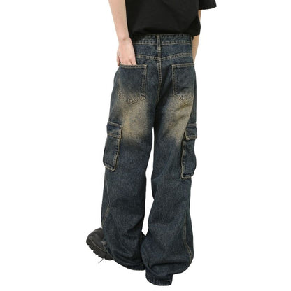 Men’s Multi-Pocket Cargo Jeans Y2K Streetwear Baggy Wide Leg Denim Trousers, back view
