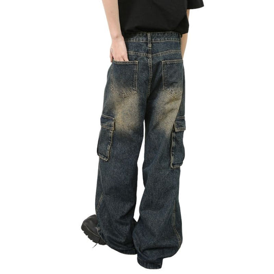 Men’s Multi-Pocket Cargo Jeans Y2K Streetwear Baggy Wide Leg Denim Trousers, back view