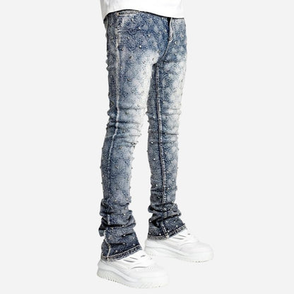 Men's Pearl Studded Stacked Jeans in Blue