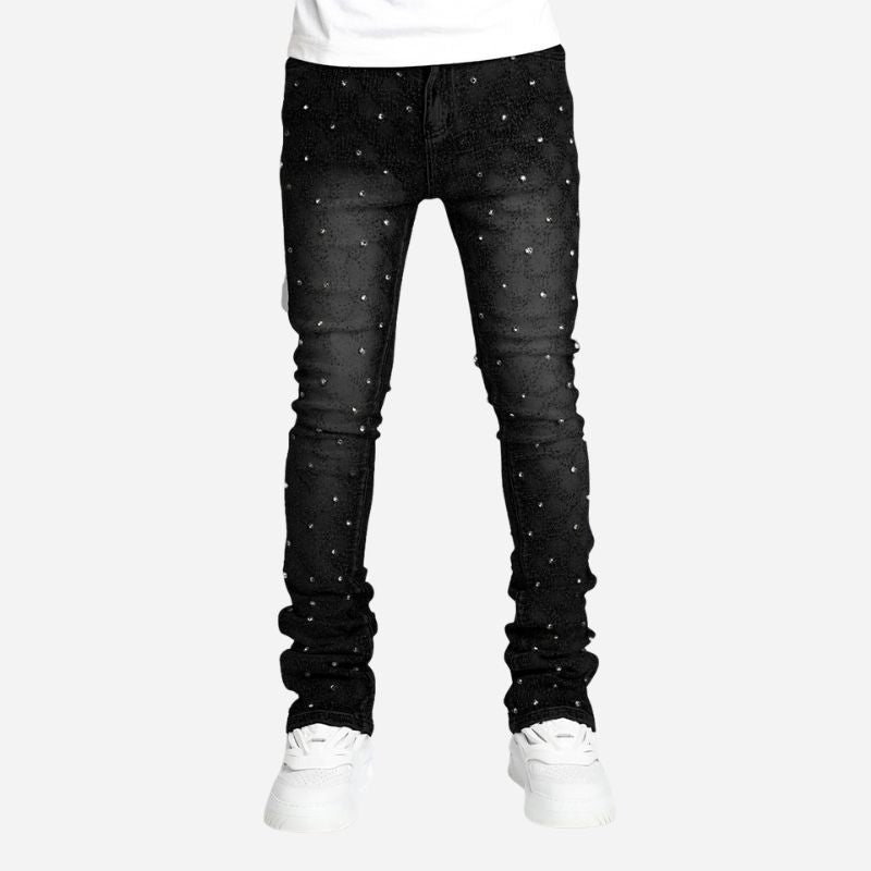 Men's Pearl Studded Stacked Jeans in Black