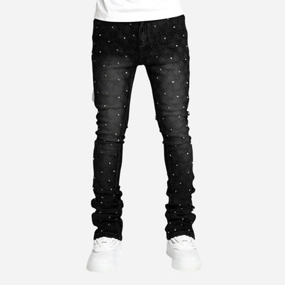 Men's Pearl Studded Stacked Jeans in Black