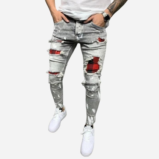 Men's ripped slim fit skinny jeans red patch distressed denim in grey