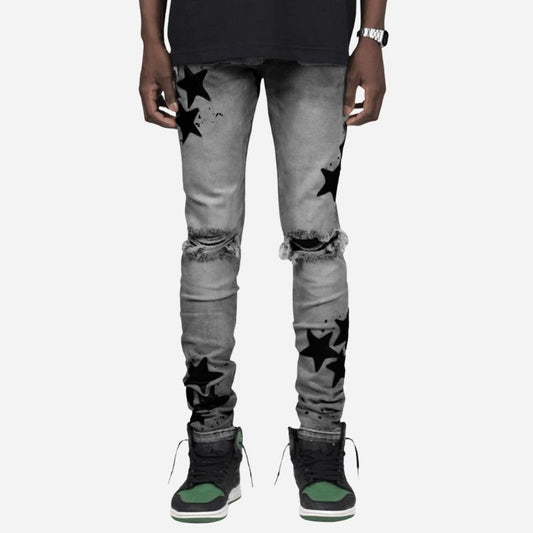 Men's star patch distressed skinny jeans in grey, front view