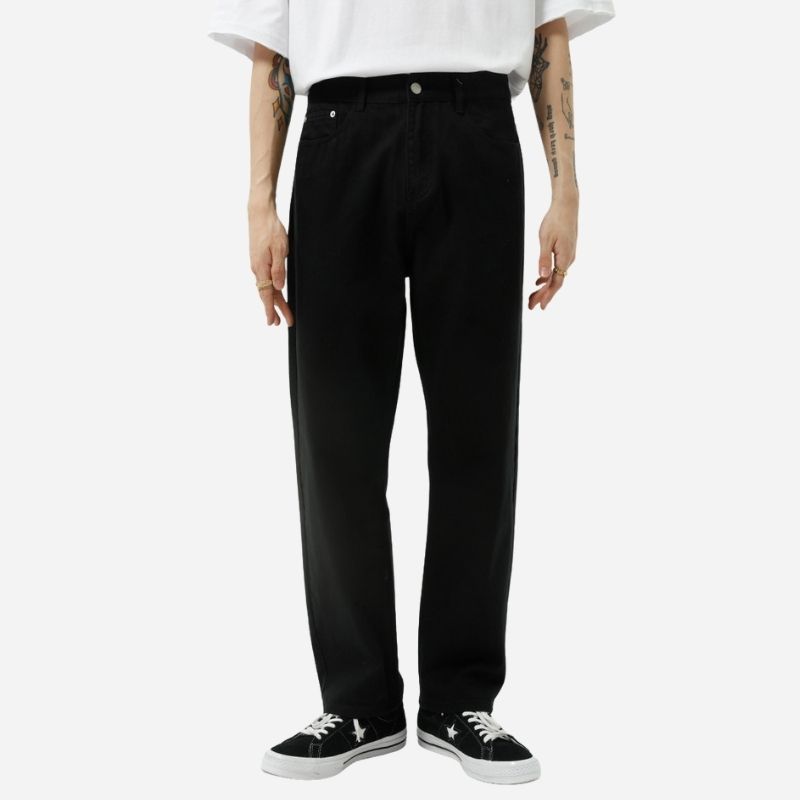 Men's straight leg jeans regular fit mid-rise y2k streetwear denim in black, front view