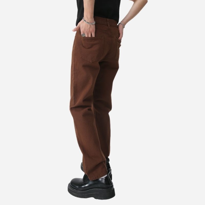 Men's straight leg jeans regular fit mid-rise y2k streetwear denim in brown, back view