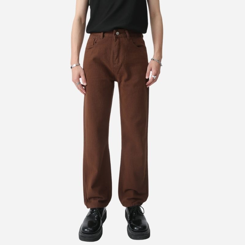 Men's straight leg jeans regular fit mid-rise y2k streetwear denim in brown, front view