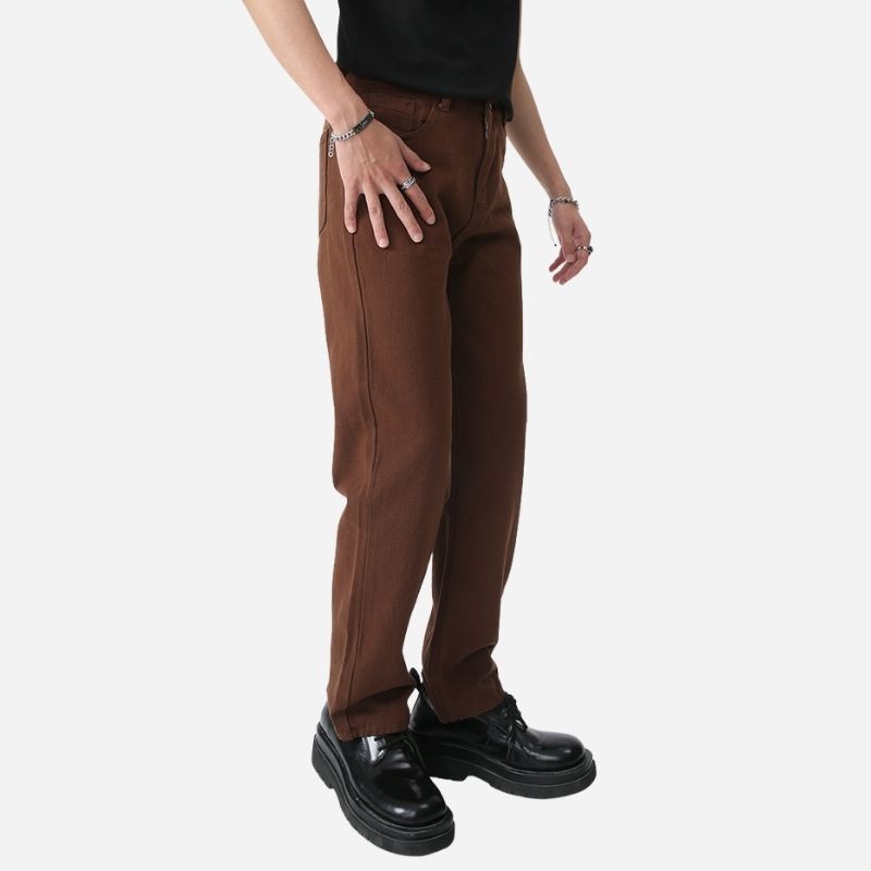 Men's straight leg jeans regular fit mid-rise y2k streetwear denim in brown, side view