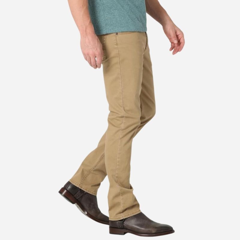 Men’s straight leg regular fit jeans in khaki, side view