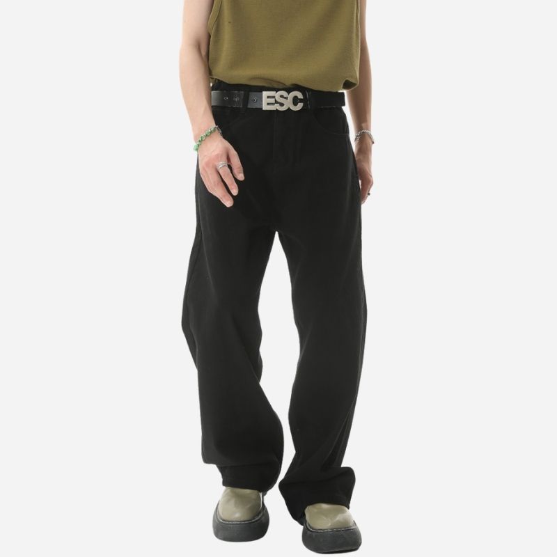 Men’s y2k straight leg baggy jeans loose fit wide denim in black, front view