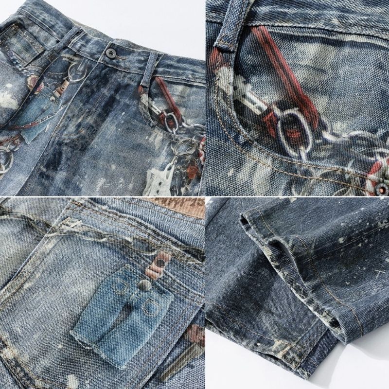 Men’s 3D Graffiti Keychain Print Jeans Y2K Baggy Straight Leg Denim, details view