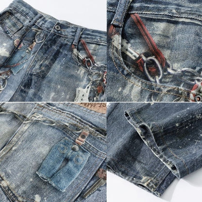 Men’s 3D Graffiti Keychain Print Jeans Y2K Baggy Straight Leg Denim, details view