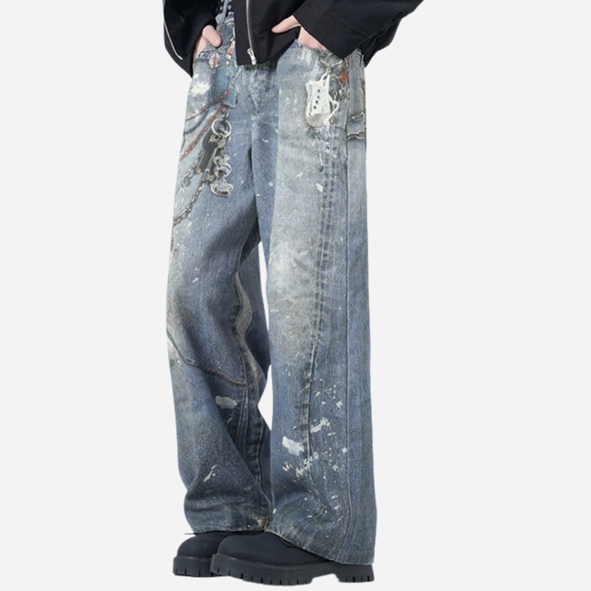 Men’s 3D Graffiti Keychain Print Jeans Y2K Streetwear Baggy Straight Leg Denim, side view