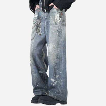 Men’s 3D Graffiti Keychain Print Jeans Y2K Streetwear Baggy Straight Leg Denim, side view