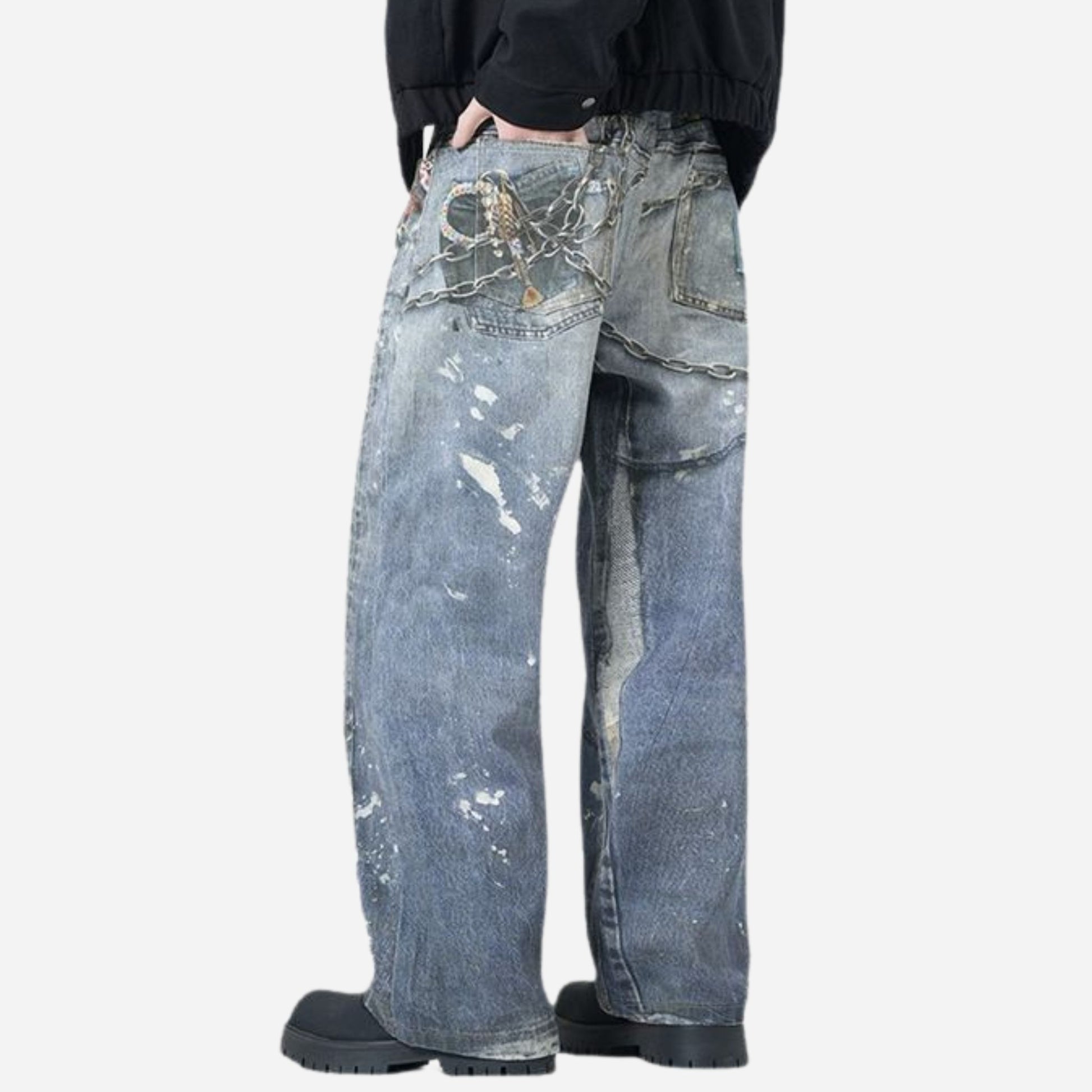 Men’s 3D Graffiti Keychain Print Jeans Y2K Streetwear Baggy Straight Leg Denim, back view