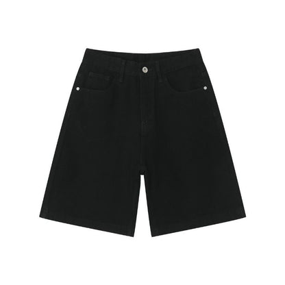 Men’s Baggy Jean Shorts Wide Leg Jorts Streetwear Hip Hop Denim Shorts in black, flat lay front