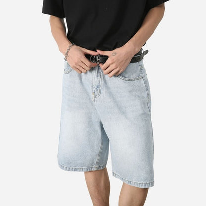 Men’s Baggy Jean Shorts Wide Leg Jorts Streetwear Hip Hop Denim Shorts in light blue, front view