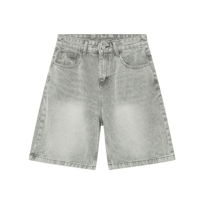 Men’s Baggy Jean Shorts Wide Leg Jorts Streetwear Hip Hop Denim Shorts in grey, flat lay front