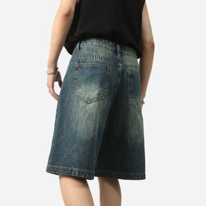 Men’s Baggy Jean Shorts Wide Leg Jorts Streetwear Hip Hop Denim Shorts in navy, back view
