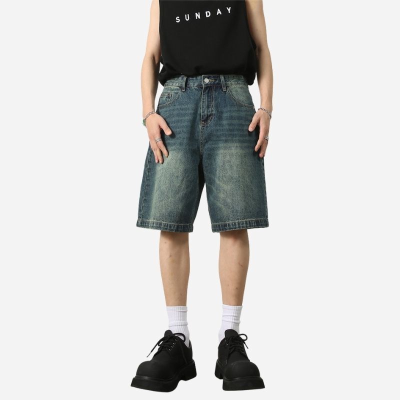 Men’s Baggy Jean Shorts Wide Leg Jorts Streetwear Hip Hop Denim Shorts in navy, front view