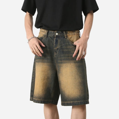 Men’s Baggy Jean Shorts Wide Leg Jorts Streetwear Hip Hop Denim Shorts, front view