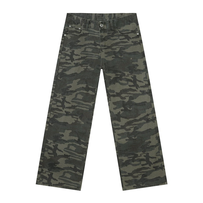 Men's baggy jeans y2k ripped wide leg distressed denim pants hip hop streetwear in green, flat lay front