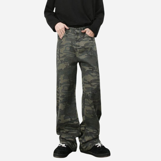 Men's baggy jeans y2k ripped wide leg distressed denim pants hip hop streetwear in green, front view