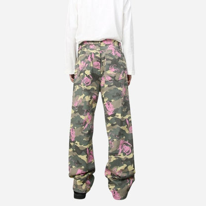 Men's baggy jeans y2k ripped wide leg distressed denim pants hip hop streetwear in pink, back view