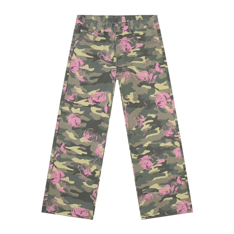 Men's baggy jeans y2k ripped wide leg distressed denim pants hip hop streetwear in pink, flat lay front