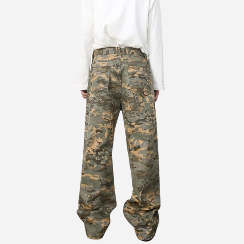 Men's baggy jeans y2k ripped wide leg distressed denim pants hip hop streetwear in yellow, back view