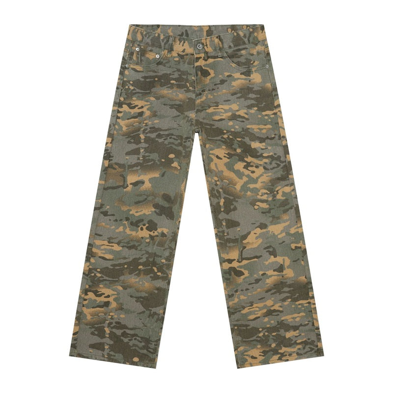 Men's baggy jeans y2k ripped wide leg distressed denim pants hip hop streetwear in yellow, flat lay front