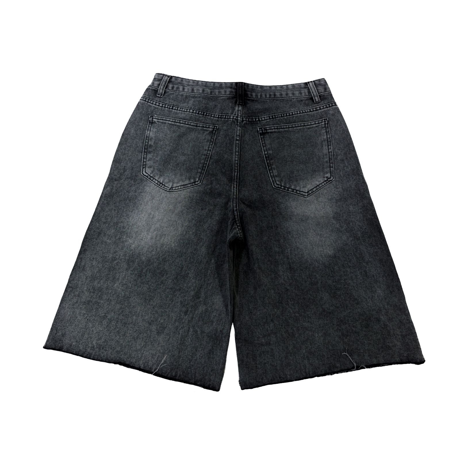 Men's Jeans Shorts Graphic Printed Raw Trim Baggy Denim in black, back view