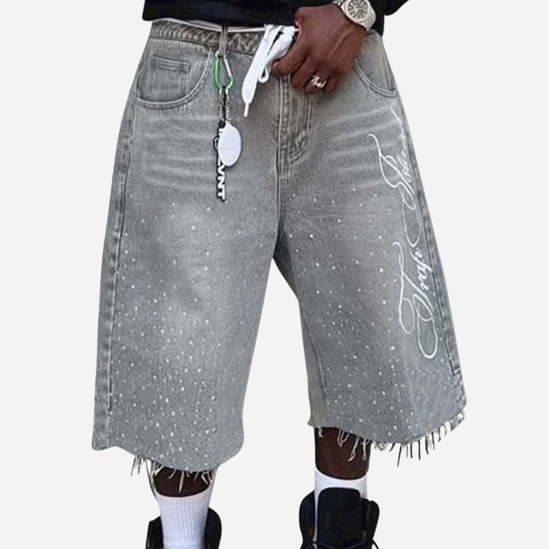 Men's Jeans Shorts Graphic Printed Raw Trim Baggy Denim in grey