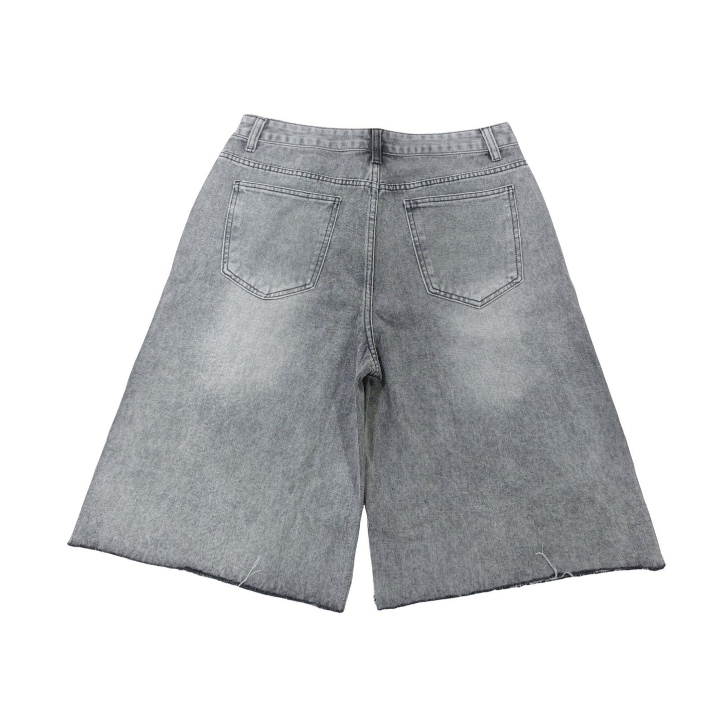 Men's Jeans Shorts Graphic Printed Raw Trim Baggy Denim in grey, back view