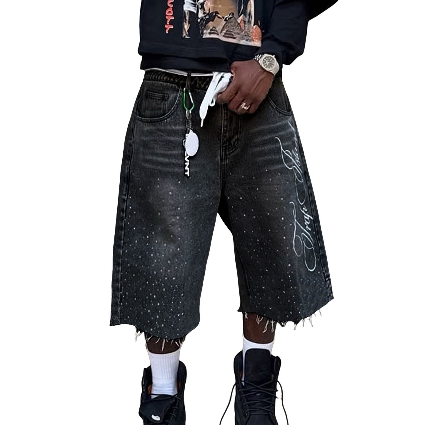 Men's Jeans Shorts Graphic Printed Raw Trim Baggy Denim in black