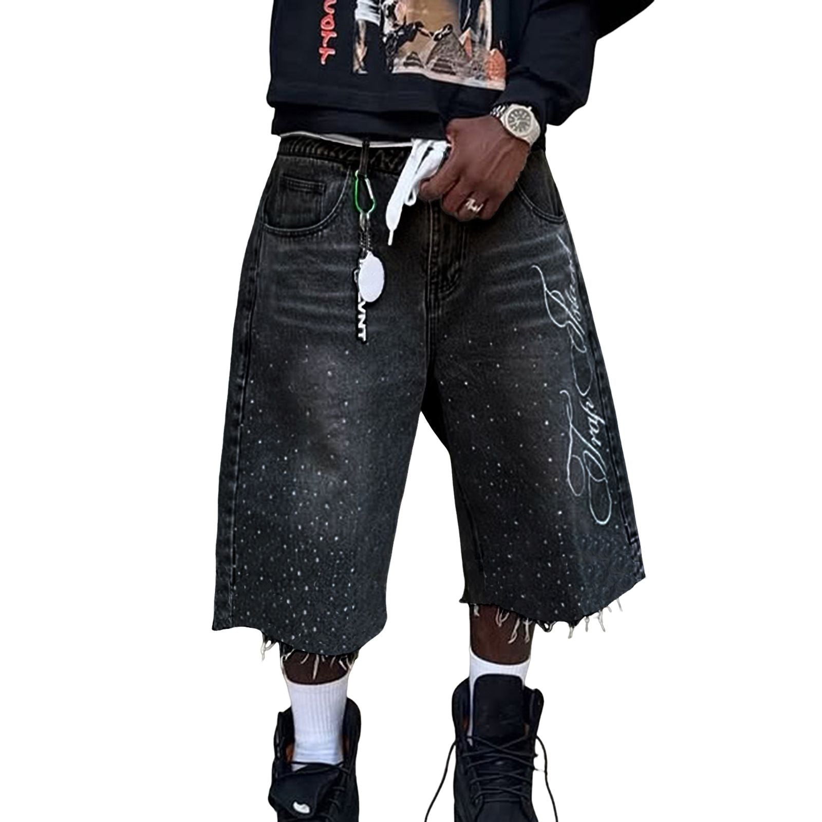 Men's Jeans Shorts Graphic Printed Raw Trim Baggy Denim in black