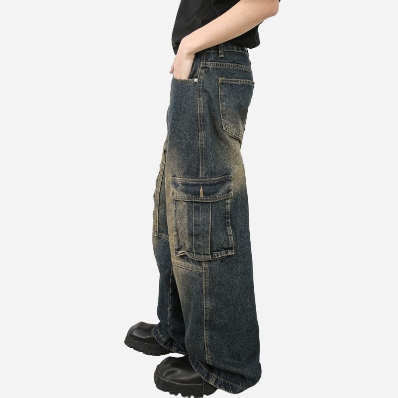 Men’s Multi-Pocket Cargo Jeans Y2K Streetwear Baggy Wide Leg Denim Trousers, side view