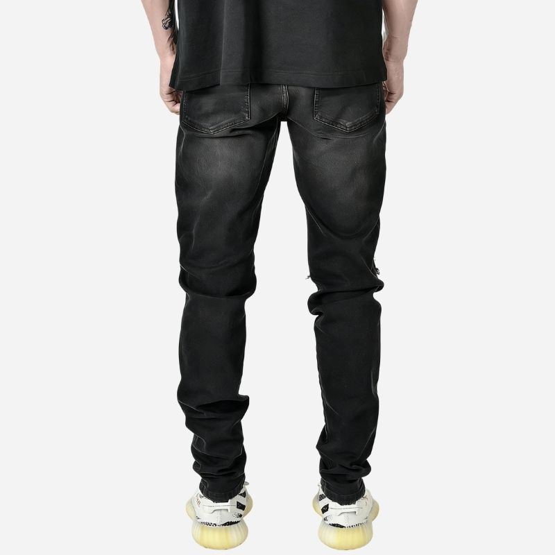 Men's ripped slim fit skinny jeans in black printed, back view