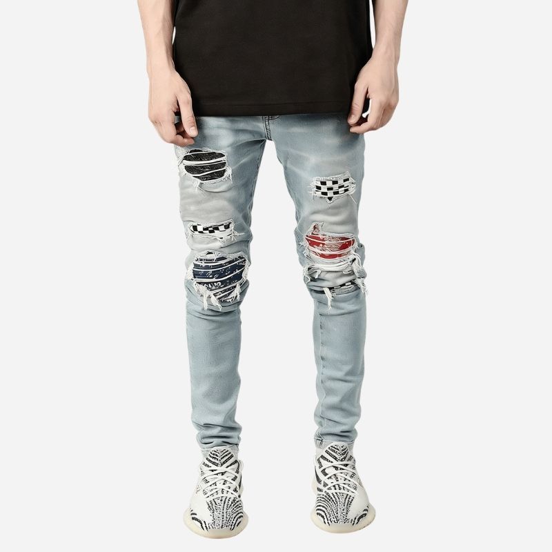 Men's ripped slim fit skinny jeans in light blue, front view