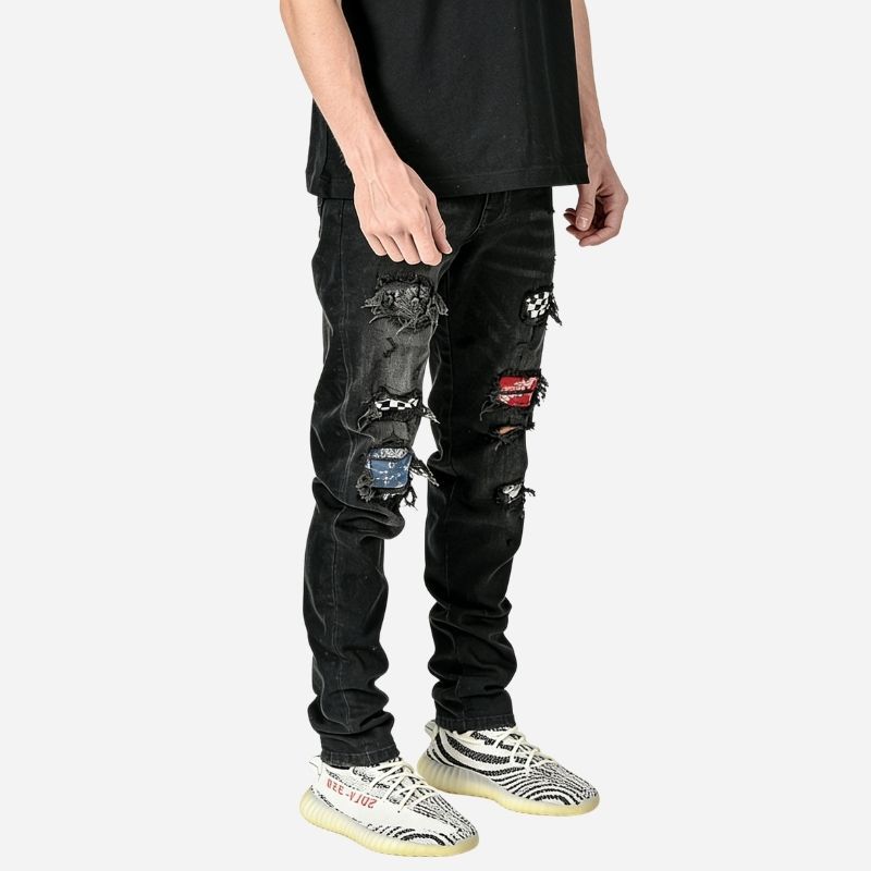Men's ripped slim fit skinny jeans in black printed
