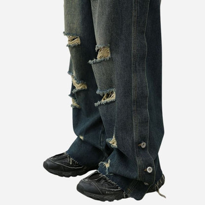 Men's baggy ripped jeans wide leg hip hop loose fit denim y2k streetwear, hem details