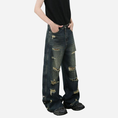 Men's baggy ripped jeans wide leg hip hop loose fit denim y2k streetwear, side view