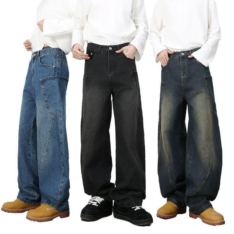 Men’s baggy wide leg straight jeans mid rise y2k loose fit denim pants