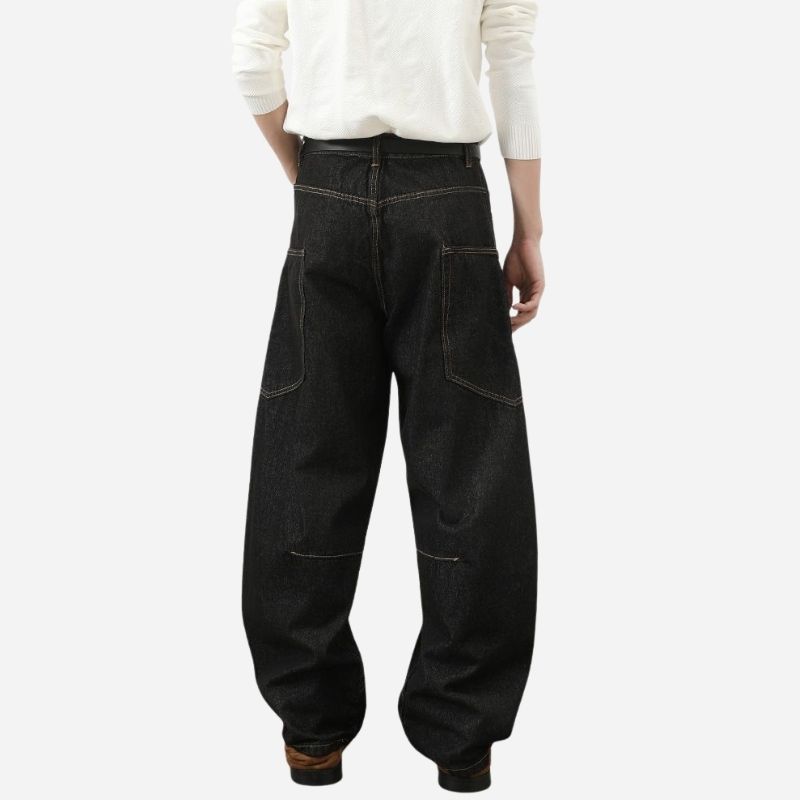 Men’s baggy wide leg straight jeans mid rise y2k loose fit denim pants in black, back view