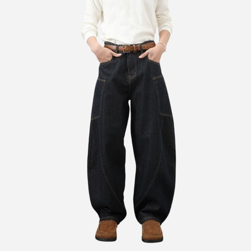Men’s baggy wide leg straight jeans mid rise y2k loose fit denim pants in black, front view