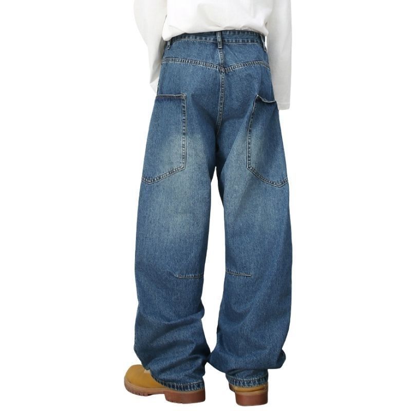 Men’s baggy wide leg straight jeans mid rise y2k loose fit denim pants in blue, back view