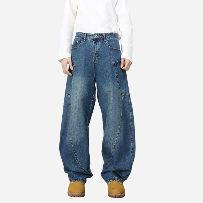 Men’s baggy wide leg straight jeans mid rise y2k loose fit denim pants in blue, front view