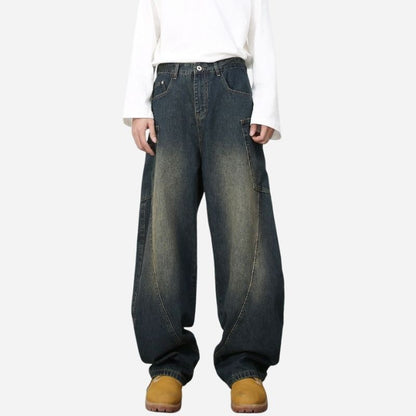 Men’s baggy wide leg straight jeans mid rise y2k loose fit denim pants in navy color, front view.