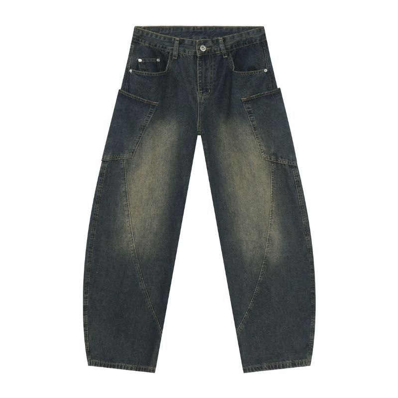 Men’s baggy wide leg straight jeans mid rise y2k loose fit denim pants in navy, flat lay front