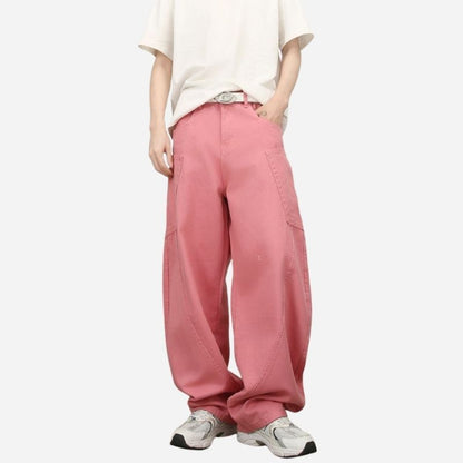 Men’s baggy wide leg straight jeans mid rise y2k loose fit denim pants in pink color, front view