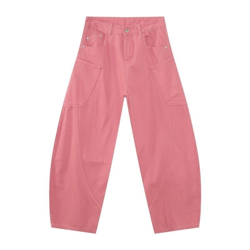 Men’s baggy wide leg straight jeans mid rise y2k loose fit denim pants in pink, flat lay front